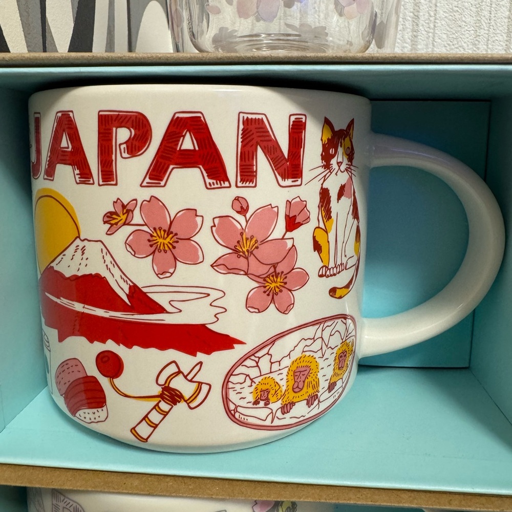 Japan Themed Mug with Cherry Blossoms and Cat